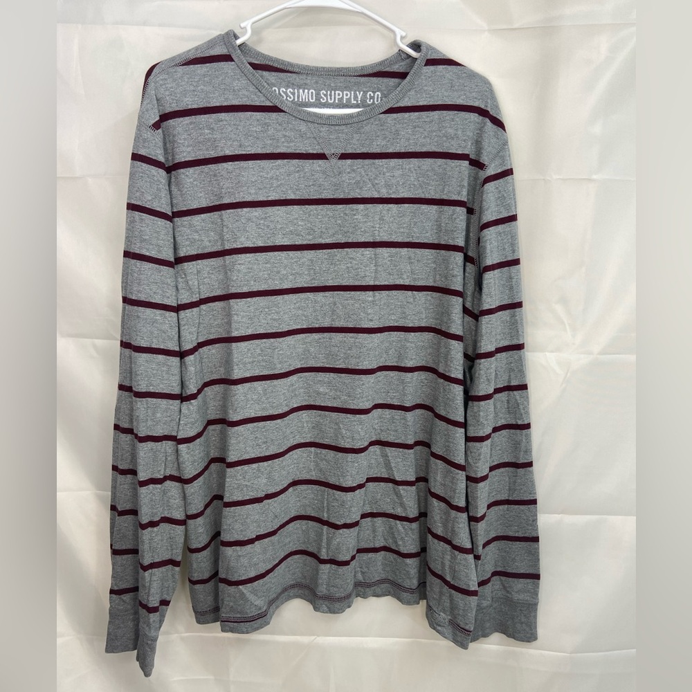 EUC Mossimo men’s gray maroon striped Crewcut long sleeve casual relaxed shirt